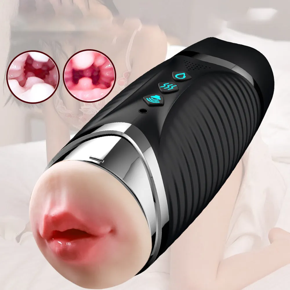 Realistic Double Head Male Masturbator Cup - Heated Sound Effect Oral Sex Toy
