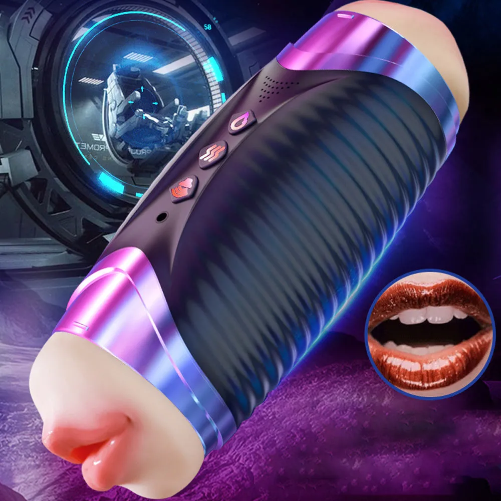 Realistic Double Head Male Masturbator Cup - Heated Sound Effect Oral Sex Toy