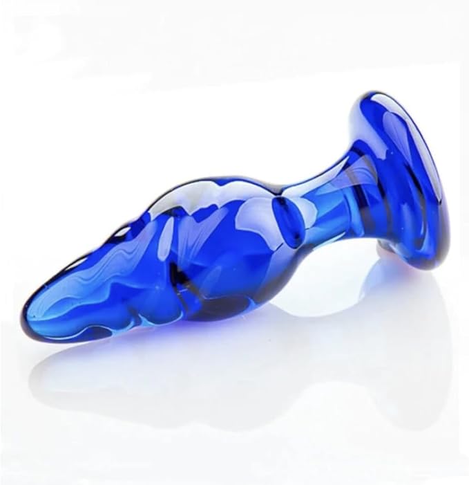 Blue Double Ball Glass Anal Plug With Rotation