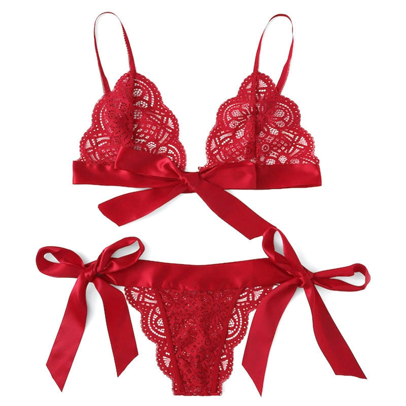 Sexy Lingerie Lace Bow Three-point Bra Hollow Set