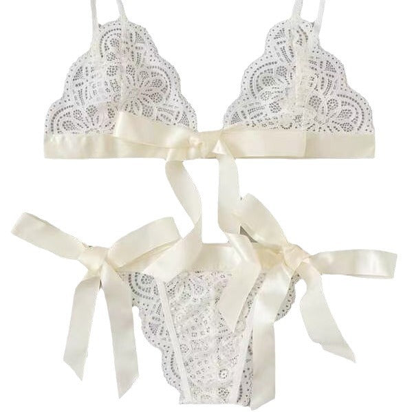 Sexy Lingerie Lace Bow Three-point Bra Hollow Set