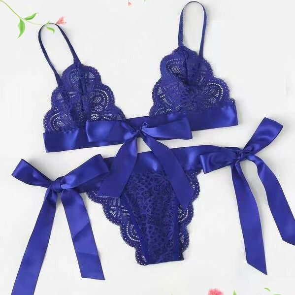 Sexy Lingerie Lace Bow Three-point Bra Hollow Set