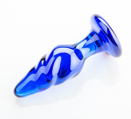 Blue Double Ball Glass Anal Plug With Rotation