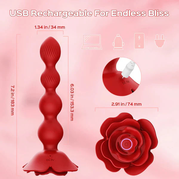 Rose Remote Control Rotating Beads Butt Plug Vibrator